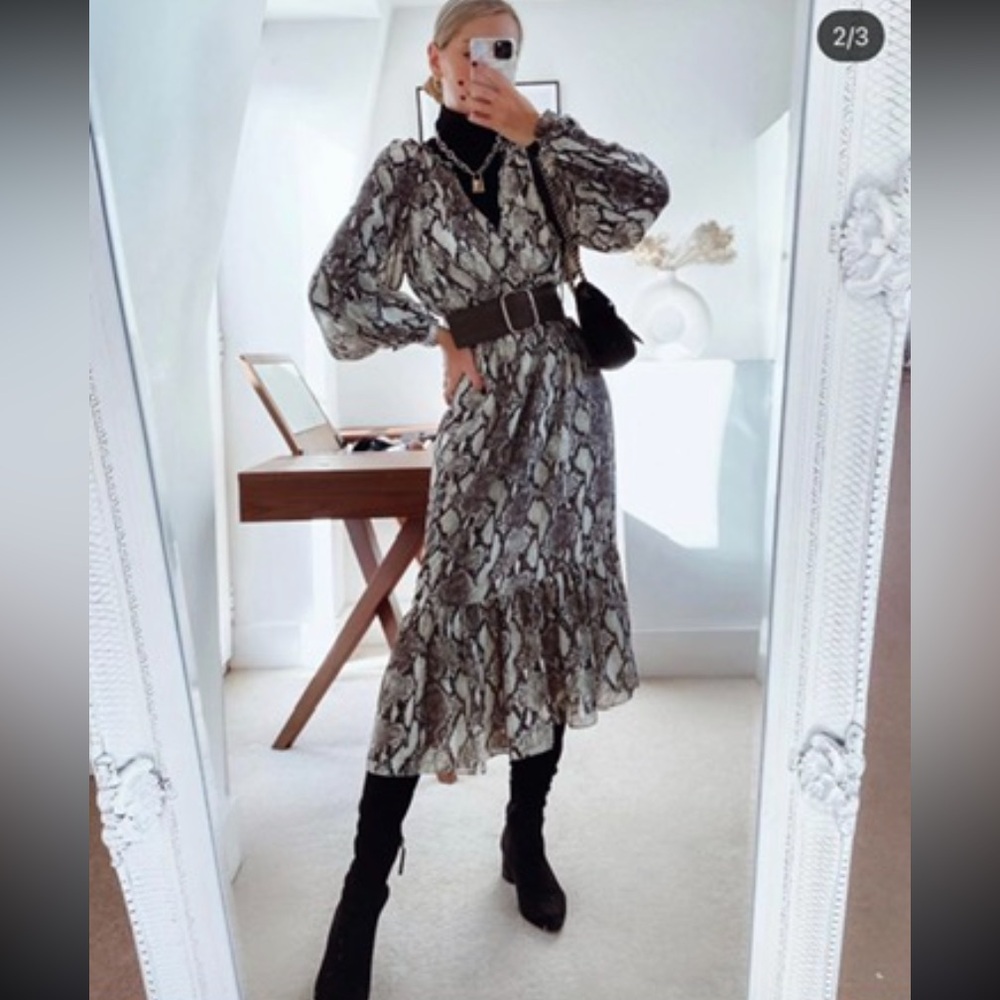ZARA SNAKE PRINT MIDI DRESS WITH BELT XS